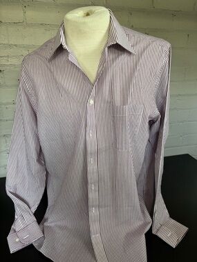 Stafford Men's Burgundy and White Pinstripe Dress Shirt